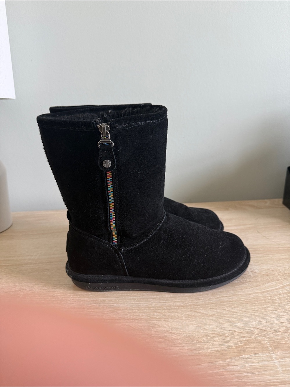 BearPaw Black Suede Mid-Calf Boots with Decorative Back Patch